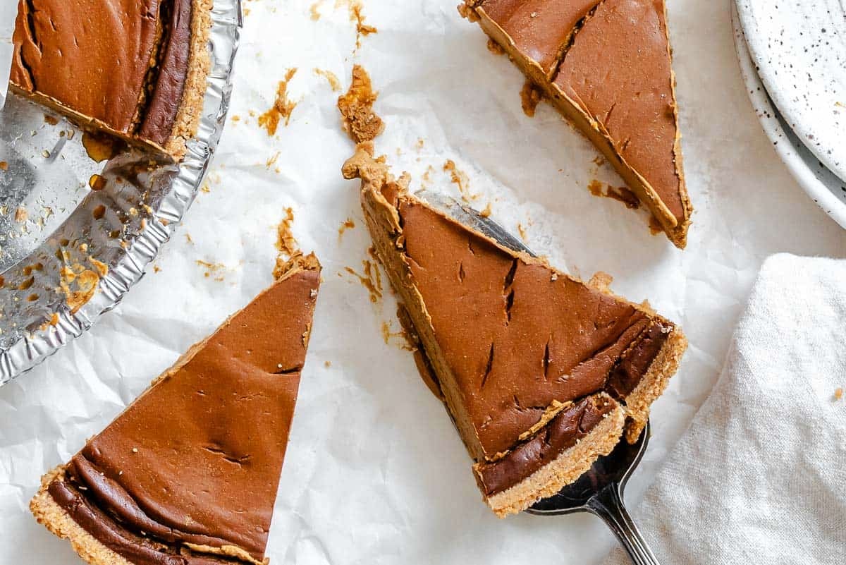 Completed Chocolate Pumpkin Pie pieces on a white surface.