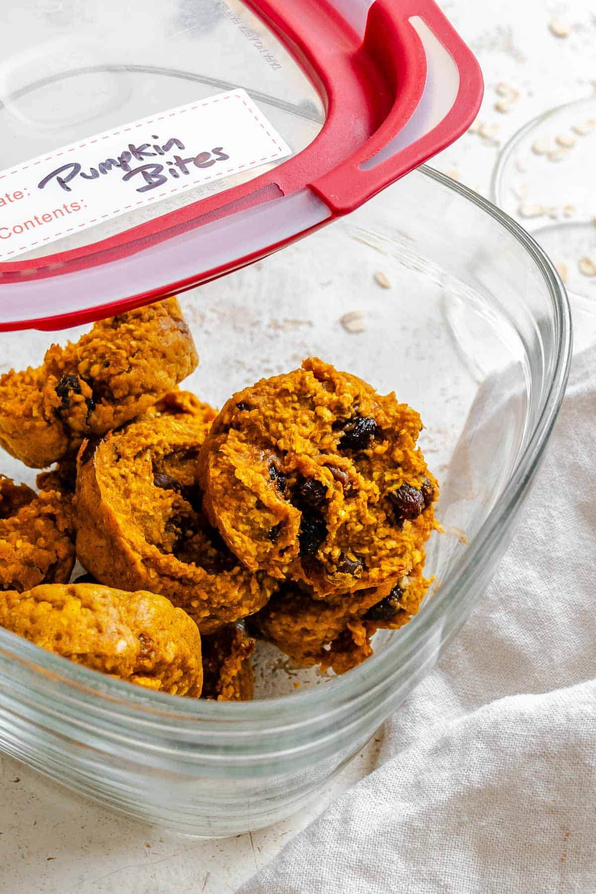 Completed Oatmeal Pumpkin Bites in a storage container.