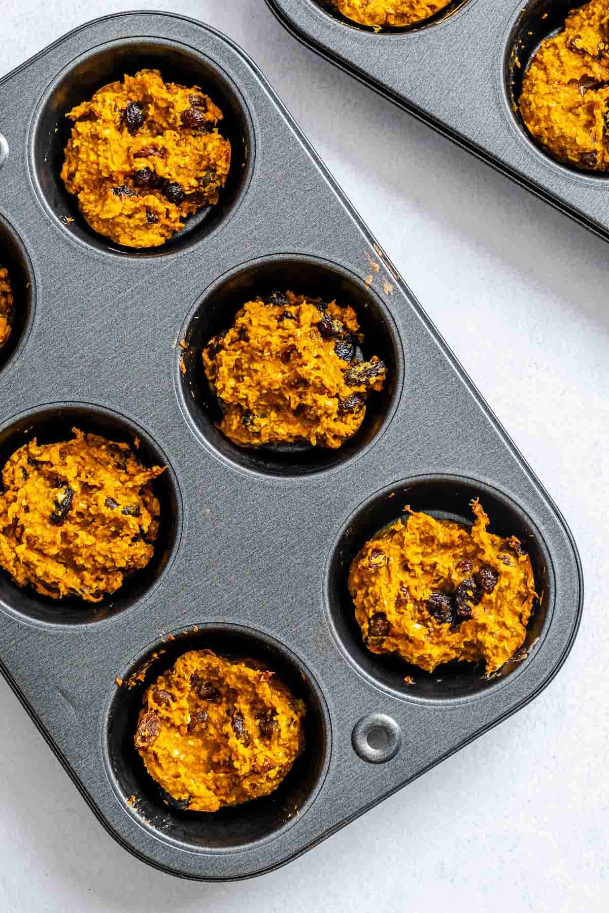 Completed Oatmeal Pumpkin Bites in muffin tray.