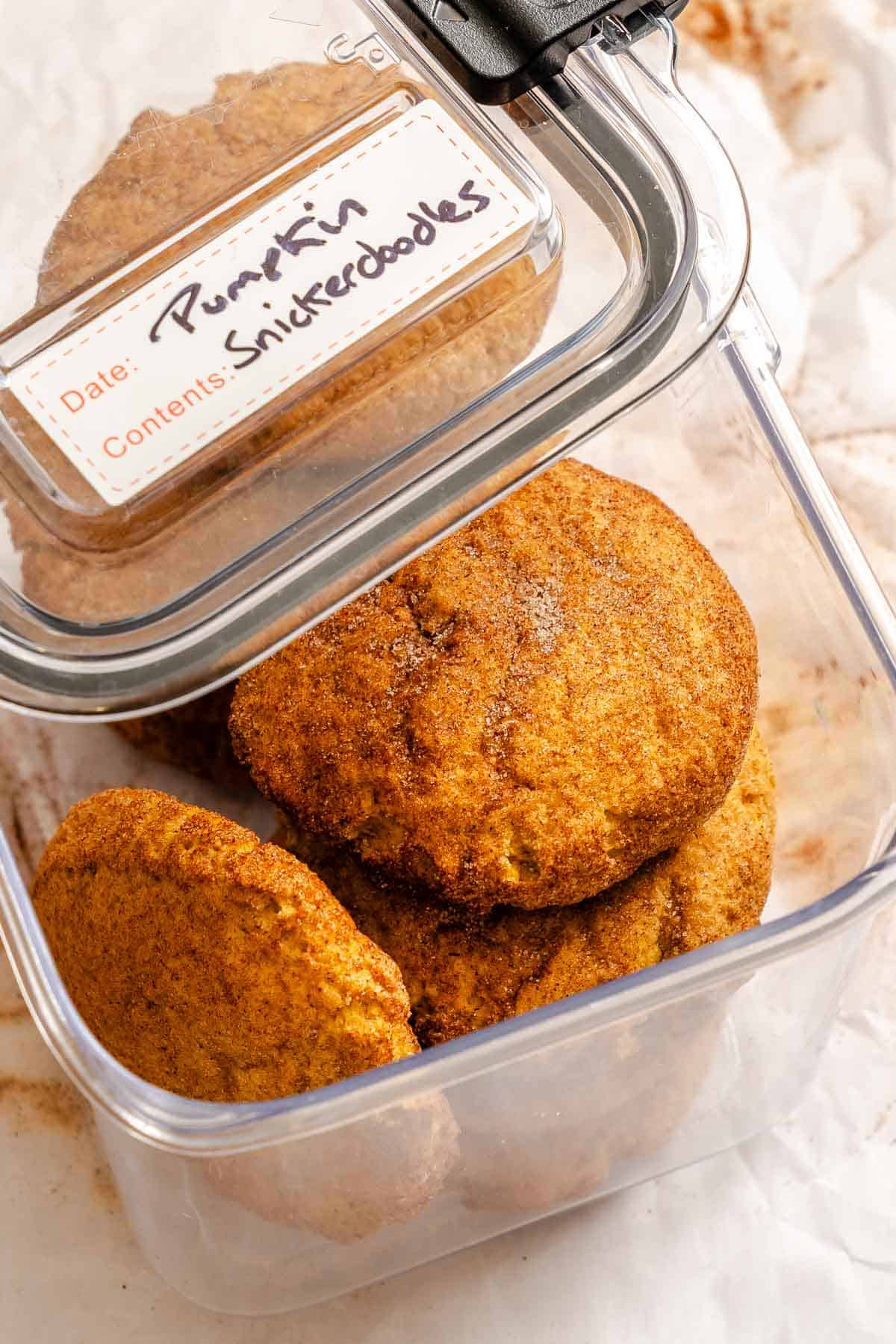 Completed Pumpkin Snickerdoodles in a storage container.