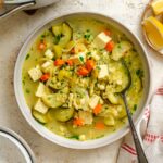 Completed Vegetable Hominy Soup in a bowl.