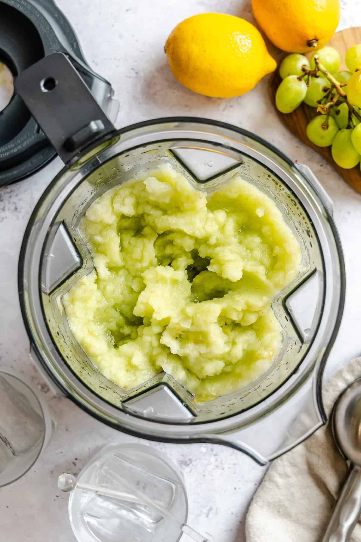 Process shot showing slushie in a blender.