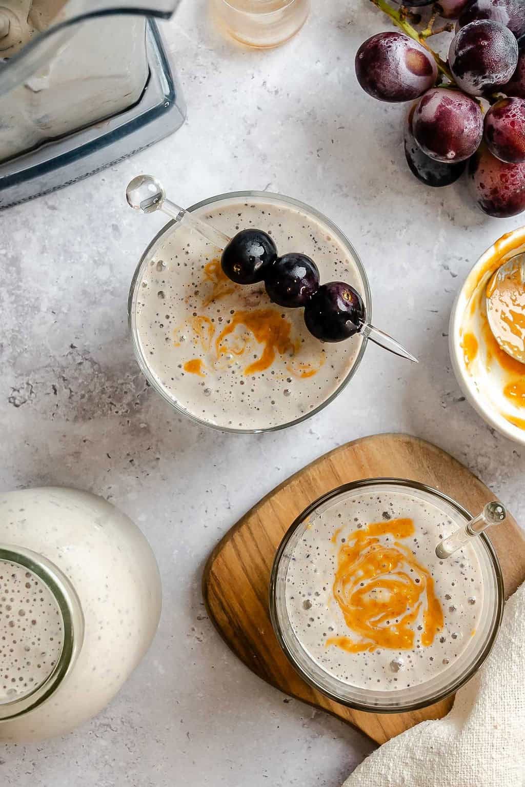 Completed Peanut Butter & California Grape Smoothie in a glass.