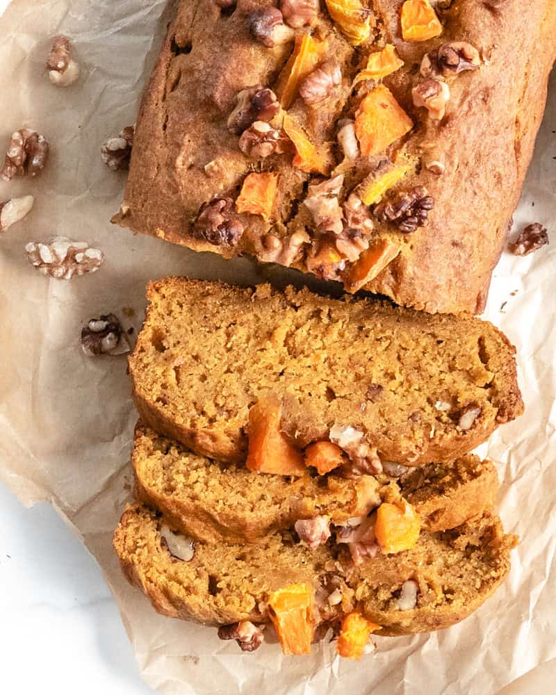 Close-up of moist vegan pumpkin bread slices.